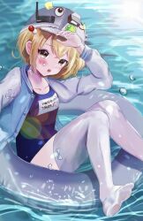 Rule 34 | 1girl, :o, blonde hair, blue jacket, blue one-piece swimsuit, blush, breasts, goddess of victory: nikke, hard hat, helmet, innertube, jacket, liter (guardfish) (nikke), liter (nikke), looking at viewer, ocean, official alternate costume, one-piece swimsuit, short hair, small breasts, solo, swim ring, swimsuit, syamisen 13333, thighhighs, water, white thighhighs, yellow eyes