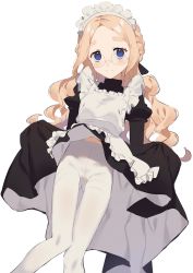 Rule 34 | 1girl, 2l (2lsize), absurdres, apron, black dress, blonde hair, blue eyes, blush, braid, clothes lift, commentary request, dress, dress lift, feet out of frame, french braid, frilled apron, frilled dress, frills, gluteal fold, highres, long hair, looking at viewer, maid, maid apron, maid headdress, original, pantyhose, parted bangs, puffy sleeves, simple background, smile, solo, thick eyebrows, wavy hair, white apron, white background, white pantyhose