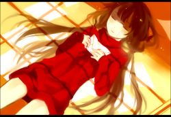 Rule 34 | 1girl, bad id, bad pixiv id, blush, brown hair, dress, closed eyes, legs, letter, long hair, lying, on back, solo, sweater, sweater dress, tan (tangent), tears, ted (artist), twintails