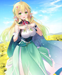 Rule 34 | 1girl, :d, bandaged arm, bandages, bare shoulders, blonde hair, blue sky, breasts, cloud, commentary request, copyright request, day, elf, field, flower, flower field, gradient hair, green eyes, green hair, green skirt, hands up, highres, kisaragi yuri, long hair, medium breasts, mountain, multicolored hair, open mouth, outdoors, pointy ears, shirt, single wrist cuff, skirt, sky, sleeveless, sleeveless shirt, smile, solo, streaked hair, very long hair, virtual youtuber, white shirt, wrist cuffs, yellow flower