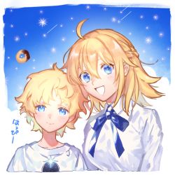 Rule 34 | 1boy, 1girl, ahoge, artoria pendragon (all), artoria pendragon (fate), blonde hair, blouse, blue bow, blue eyes, blue neckwear, blush, border, bow, braid, breasts, character request, closed mouth, collarbone, commentary request, cropped shoulders, cropped torso, crown braid, fate/grand order, fate (series), fujimaru ritsuka (female), fujimaru ritsuka (female) (anniversary blonde), hair between eyes, highres, large breasts, looking at viewer, neck ribbon, open mouth, print shirt, ribbon, saber (fate), shirt, short hair, smile, star (symbol), translation request, uni (nico02), upper body, voyager (fate), white border, white shirt