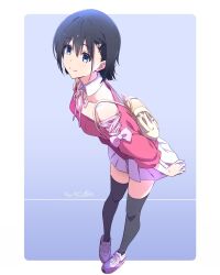 Rule 34 | 1girl, bag, bare shoulders, black hair, blue background, blue eyes, border, bow, breasts, closed mouth, collarbone, commentary, cross-laced clothes, cross-laced sleeves, dated, detached collar, dot nose, full body, gradient background, hair between eyes, hair ornament, highres, leaning forward, long sleeves, looking at viewer, miniskirt, monai-chan (nii manabu), neck ribbon, nii manabu, off-shoulder shirt, off shoulder, original, outside border, pigeon-toed, pink bow, pink footwear, pink skirt, pleated skirt, purple skirt, ribbon, shirt, shoes, short hair, signature, simple background, skirt, skirt hold, small breasts, smile, sneakers, solo, split mouth, standing, thighhighs, two-tone footwear, white border, white footwear, white ribbon