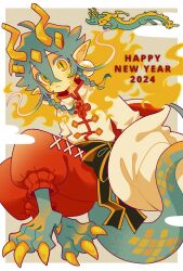 Rule 34 | 1boy, character request, chinese clothes, copyright request, dragon, dragon boy, dragon horns, dragon tail, earrings, full body, happy new year, highres, horns, jewelry, kina ramu3, male focus, new year, pointy ears, solo, tail
