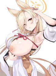 Rule 34 | 1girl, animal ears, arm up, armpits, blonde hair, blue archive, blush, breasts, brown eyes, cowboy shot, detached sleeves, eyeliner, fox ears, hair over one eye, hairband, hakama, halo, head tilt, highres, japanese clothes, kaho (blue archive), kimono, large breasts, long hair, looking at viewer, mappaninatta, mole, mole under mouth, nipple slip, nipples, one breast out, orange hairband, red eyeliner, sideboob, solo, thick eyebrows, white hakama, white kimono