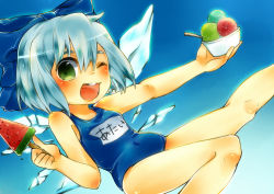 Rule 34 | 1girl, ;d, blue eyes, blue hair, bow, bowl, cirno, food, fruit, glass, green eyes, hair bow, highres, holding, ice, ice cream, ice wings, ishikawa yoshoku, matching hair/eyes, one-piece swimsuit, one eye closed, open mouth, popsicle, ribbon, school swimsuit, short hair, smile, solo, spoon, swimsuit, touhou, watermelon, watermelon bar, wings