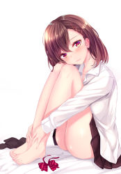Rule 34 | 1girl, asymmetrical bangs, barefoot, black skirt, blouse, blush, brown hair, closed mouth, dress shirt, feet, feet together, from side, full body, hair between eyes, hair ornament, hairclip, hands on feet, haruka natsuki, knees up, legs together, long sleeves, looking at viewer, original, pleated skirt, purple eyes, school uniform, shirt, simple background, sitting, skirt, solo, thighs, toes, white background, white shirt