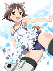 Rule 34 | 1girl, animal ears, apron, armpits, blue one-piece swimsuit, brown eyes, brown hair, crotch seam, dog ears, dog tail, extra ears, flying, gluteal fold, highres, light blush, looking at viewer, maid apron, maid headdress, makicha (sasurainopink), miyafuji yoshika, old school swimsuit, one-piece swimsuit, open mouth, roundel, school swimsuit, short hair, smile, solo, strike witches, striker unit, swimsuit, tail, white apron, world witches series