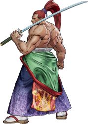 Rule 34 | 1boy, 3d, absurdres, from side, full body, hakama, hakama pants, highres, holding, holding sword, holding weapon, japanese clothes, katana, kibagami genjuro, long hair, looking back, male focus, muscular, official art, pants, ponytail, red hair, samurai spirits, sandals, scar, topless male, solo, sword, transparent background, weapon
