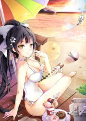 Rule 34 | 1girl, absurdres, arm support, azur lane, ball, barefoot, beach, beach umbrella, beachball, black hair, boat, bow, breasts, casual one-piece swimsuit, character name, cleavage, collarbone, commentary request, crazy straw, doughnut, drinking straw, flower, food, gyaza, haagen-dazs, hair bow, hair flower, hair ornament, heart straw, high ponytail, highres, large breasts, long hair, looking at viewer, ocean, official alternate costume, one-piece swimsuit, orange eyes, outdoors, photoshop (medium), seashell, shell, shiny skin, sitting, smile, solo, starfish, swimsuit, takao (azur lane), takao (beach rhapsody) (azur lane), umbrella, very long hair, watercraft, white bow, white flower, white one-piece swimsuit, wind chime