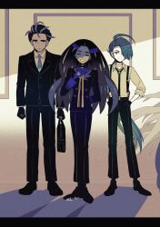 Rule 34 | 1boy, 2girls, ahoge, black eyes, black footwear, black gloves, black hair, black jacket, black necktie, black pants, blue gloves, blue shirt, bright pupils, buttons, closed eyes, closed mouth, collared shirt, commentary request, creatures (company), double-breasted, earrings, eyelashes, game freak, geeta (pokemon), gloves, green hair, grey hair, hair over one eye, hand up, hands in pockets, highres, jacket, jewelry, larry (pokemon), long hair, long sleeves, looking at viewer, multicolored hair, multiple girls, nai gai hongcha, neck ribbon, necktie, nintendo, pants, pokemon, pokemon sv, ponytail, red eyes, ribbon, rika (pokemon), shirt, shoes, short hair, smile, standing, streaked hair, suspenders, two-tone hair, yellow ribbon