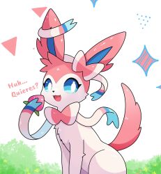 Rule 34 | animal, animal ears, animal focus, berry (pokemon), blue sclera, bow, bowtie, colored sclera, creatures (company), eating, game freak, gen 6 pokemon, highres, nintendo, no humans, open mouth, outdoors, pink bow, pink bowtie, pink fur, pokemon, pokemon (creature), prehensile ribbon, sarent stuff, sitting, star (symbol), sylveon, tail, two-tone fur, white fur
