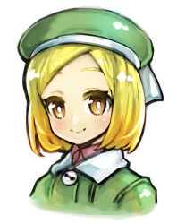 Rule 34 | 1girl, beret, blonde hair, blush, brown eyes, closed mouth, etori, fate/grand order, fate (series), green hat, green jacket, hat, jacket, looking at viewer, parted bangs, paul bunyan (fate), portrait, short hair, simple background, smile, solo, white background