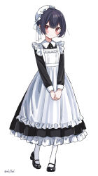 Rule 34 | 1girl, apron, artist name, black dress, black hair, blush, closed mouth, dress, eluthel, frilled apron, frilled dress, frills, hat, high heels, highres, idolmaster, idolmaster shiny colors, long sleeves, looking at viewer, maid, maid apron, maid cap, maid headdress, mary janes, mob cap, morino rinze, own hands together, pantyhose, red eyes, ribbon, shoes, short hair, simple background, smile, solo, standing, white apron, white background, white pantyhose, white ribbon