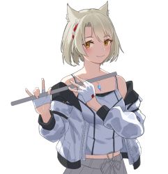Rule 34 | 1girl, animal ears, breasts, camisole, cat ears, cat girl, chest jewel, flute, holding, instrument, jacket, looking at viewer, mio (xenoblade), music, original, playing instrument, short hair, skirt, small breasts, smile, solo, sugerxiaoxiao, tank top, white camisole, white hair, white jacket, white skirt, white tank top, yellow eyes