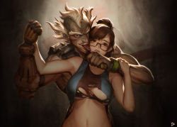 Rule 34 | 1boy, 1girl, breasts, brown hair, glasses, hair bun, hair ornament, hair stick, highres, imminent rape, instant ip, junkrat (overwatch), large breasts, mei (overwatch), overwatch, overwatch 1, single hair bun, tank top, tongue, torn clothes, underboob