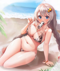 Rule 34 | 1girl, ahoge, animal print, arm support, bare arms, bare legs, beach, bikini, blue eyes, bow, bracelet, braid, breasts, brown hair, cleavage, collarbone, commentary request, cow print, day, food, food in mouth, food on body, food on breasts, hair bow, hair ornament, highres, jewelry, kizuna akari, large breasts, long hair, looking at viewer, mouth hold, nekopan mashiro, ocean, outdoors, popsicle, print bikini, sitting, solo, swimsuit, twin braids, voiceroid, white bikini