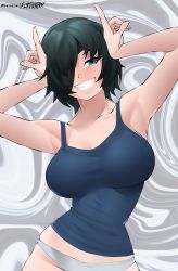Rule 34 | 1girl, armpits, arms up, artist name, black hair, blue eyes, blue tank top, blush, breasts, chainsaw man, eyepatch, flytrapxx, grey panties, hair over one eye, highres, himeno (chainsaw man), horns pose, large breasts, looking at viewer, panties, short hair, simple background, smile, solo, tank top, underwear, white background