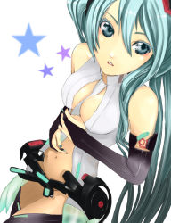 Rule 34 | 1girl, aqua eyes, aqua hair, bad id, bad pixiv id, belt, breasts, cleavage, colored eyelashes, elbow gloves, fingerless gloves, from above, gloves, hatsune miku, hatsune miku (append), long hair, navel, necktie, roku (hikokeng), solo, thighhighs, twintails, vocaloid, vocaloid append, zettai ryouiki