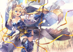 Rule 34 | 10s, 1girl, armor, armored boots, armored dress, banner, bare shoulders, blonde hair, blue eyes, blue footwear, boots, breasts, capura lin, cleavage, detached sleeves, female focus, flag, flower, gauntlets, granblue fantasy, greaves, hair flower, hair ornament, hair ribbon, jeanne d&#039;arc (granblue fantasy), large breasts, long hair, open mouth, ribbon, solo, sword, thigh boots, thighhighs, very long hair, weapon