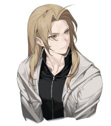 Rule 34 | 1boy, alternate costume, blonde hair, brown eyes, cbow, collarbone, cropped torso, edward elric, fullmetal alchemist, grey jacket, highres, hood, hood down, hooded jacket, jacket, long hair, looking to the side, male focus, open clothes, open jacket, parted bangs, solo