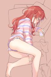 Rule 34 | 10s, 1girl, alternate hairstyle, ass, barefoot, cellphone, chigusa asuha, feet, frilled panties, frills, from side, hair down, hood, hoodie, lineart, long hair, loungewear, lying, no pants, on side, panties, partially colored, phone, pillow, profile, purple panties, qualidea code, red hair, sekiya asami, smartphone, solo, spread toes, striped clothes, striped hoodie, toes, underwear