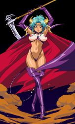 Rule 34 | 1girl, animated, animated gif, boots, breasts, cape, carrera, carrera (viper), covered erect nipples, crossed legs, demon girl, demon horns, demon tail, elbow gloves, gloves, green hair, horns, large breasts, lipstick, looking at viewer, makeup, navel, non-web source, official art, pasties, pointy ears, purple gloves, purple thighhighs, red eyes, scythe, smile, smoke, solo, standing, tail, thigh boots, thighhighs, viper, viper gts, watson cross