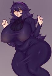 Rule 34 | 1girl, @ @, blush, breasts, covered erect nipples, creatures (company), curvy, dress, female focus, game freak, hex maniac (pokemon), highres, huge breasts, long hair, looking at viewer, matching hair/eyes, mimimows, nail polish, nintendo, plump, pokemon, pokemon xy, purple eyes, purple hair, simple background, solo, sweatdrop, thick lips, thick thighs, thighs, wide hips