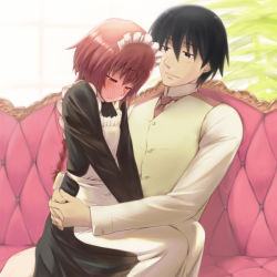 Rule 34 | 1boy, 1girl, alternate costume, blush, braid, couch, darker than black, enmaided, formal, full-face blush, hei (darker than black), hetero, hug, kanna asuke, looking down, maid, parody, petite, ponytail, red hair, short hair, shy, single braid, sitting, sitting on lap, sitting on person, suou pavlichenko, v arms, victorian romance emma