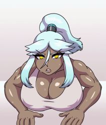 Rule 34 | 1girl, animated, animated gif, biceps, bouncing breasts, breasts, cleavage, dark skin, dynamo heart, exercising, flexing, large breasts, muscular, muscular female, open mouth, original, ponytail, tenk, white hair, yellow eyes