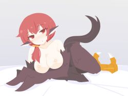 Rule 34 | 1girl, animal ears, big o pants, bird ears, bird legs, bird tail, black feathers, black wings, blush stickers, breasts, commentary, feathers, fio-chan (big o pants), grey background, hair between eyes, harpy, highres, large breasts, long hair, looking at viewer, monster girl, nipples, nude, original, ponytail, red eyes, red hair, solo, tail, talons, winged arms, wings