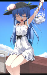 Rule 34 | 1girl, adapted costume, bag, blue hair, blue sky, clothes, day, dress, closed eyes, female focus, food, fruit, hat, hinanawi tenshi, holding up, long hair, mamo williams, open mouth, peach, sitting, skirt, sky, smile, solo, sundress, thighs, touhou, wall, white dress, white skirt