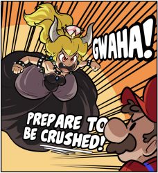 Rule 34 | 1boy, 1girl, armlet, bare shoulders, black dress, blonde hair, bowsette, bracelet, brooch, brown hair, clenched hands, collar, crown, dress, earrings, english text, facial hair, fang, hat, horns, ian samson, jewelry, long hair, looking at another, mario, mario (series), midair, mustache, new super mario bros. u deluxe, nintendo, red eyes, speed lines, spiked armlet, spiked bracelet, spiked collar, spiked shell, spikes, strapless, strapless dress, super crown, turtle shell, v-shaped eyebrows