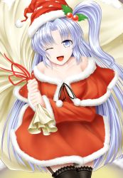 Rule 34 | 1girl, bag, black thighhighs, blue eyes, blue hair, capelet, female focus, garter straps, hair bobbles, hair ornament, hat, long hair, matching hair/eyes, mystic square, off shoulder, one eye closed, open mouth, santa costume, santa hat, shinki (touhou), side ponytail, smile, solo, thighhighs, touhou, touhou (pc-98), wink, y2