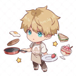 Rule 34 | 1boy, :o, apron, artist name, black pants, blonde hair, brown apron, chibi, commentary request, egg (food), food, fried egg, fruit, frying pan, full body, hair between eyes, holding, holding frying pan, holding plate, looking at viewer, male focus, open mouth, pancake, pants, parfait, parted lips, plate, sandwich, shirt, short hair, short sleeves, solo, spy x family, standing, star (symbol), strawberry, strawberry parfait, twilight (spy x family), wafer stick, watermark, white shirt, zoe (killyou80)