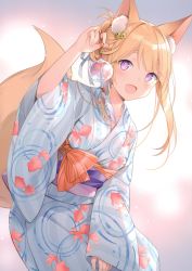 Rule 34 | 1girl, :d, absurdres, animal ear fluff, animal ears, animal print, bell, blonde hair, fang, fish print, fox ears, fox girl, fox tail, hand up, highres, holding, japanese clothes, jingle bell, kimono, long hair, long sleeves, looking at viewer, obi, open mouth, original, purple eyes, rie (reverie), sash, scan, smile, solo, standing, tail, thick eyebrows, white kimono, wide sleeves, wind chime, yukata