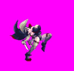 Rule 34 | alternate hair length, alternate hairstyle, animated, animated gif, arched back, atlus, black hair, bouncing breasts, breasts, bustier, cape, cleavage, elbow gloves, gloves, high collar, huge breasts, knife, leg up, lowres, multicolored hair, necro samantha, pixel art, princess crown, short hair, stab, stitches, thighhighs, thighs, two-tone hair, vampire costume, vanillaware