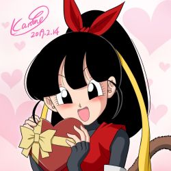Rule 34 | 1girl, artist name, black hair, blush, breasts, candy, chocolate, chocolate heart, dated, dragon ball, dragon ball heroes, female focus, food, gloves, happy, heart, karoine, long hair, looking at viewer, note (dragon ball), open mouth, ponytail, simple background, smile, solo, tail, valentine