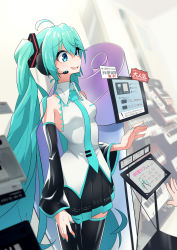 Rule 34 | 1girl, absurdres, ahoge, android, aqua eyes, aqua hair, aqua nails, aqua necktie, bare shoulders, black skirt, black sleeves, black thighhighs, blurry, blurry background, character name, cowboy shot, detached sleeves, display board, for sale, furrowed brow, grey shirt, hair ornament, hatsune miku, headphones, headset, highres, indoors, instrument, instrument request, keyboard (instrument), kinosuke (pattaba), long hair, miniskirt, nail polish, necktie, nervous smile, out of frame, photo background, pleated skirt, price tag, sale, shirt, skirt, sleeveless, sleeveless shirt, smile, solo focus, standing, sweatdrop, thighhighs, translated, twintails, very long hair, vocaloid, vocaloid boxart pose, yamaha, zettai ryouiki