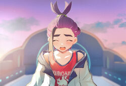 Rule 34 | 1boy, blurry, blurry background, blush, closed eyes, cloud, commentary request, creatures (company), facing viewer, game freak, highres, jacket, kieran (pokemon), male focus, mole, mole on neck, morihayashi, multicolored hair, nintendo, open mouth, outdoors, pokemon, pokemon sv, ponytail, purple hair, red shirt, shirt, sky, sleeveless, sleeveless shirt, solo, tank top, teeth, twilight, two-tone hair, upper body, upper teeth only, white jacket, zipper