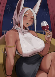 Rule 34 | 1girl, animal ears, armlet, bare shoulders, black skirt, blurry, blush, boku no hero academia, brace, breasts, collarbone, covered erect nipples, cup, dark-skinned female, dark skin, drinking glass, drop earrings, earrings, eyeliner, fireworks, gud0c, high-waist skirt, highres, holding, holding cup, jewelry, large breasts, long eyelashes, long hair, looking at viewer, makeup, mirko, nail polish, night, on chair, open mouth, orange nails, parted bangs, pencil skirt, rabbit ears, rabbit girl, red curtains, red eyes, ribbed shirt, shirt, sideboob, sitting, skirt, sleeveless, sleeveless turtleneck, solo, teeth, thighs, toned, turtleneck, white hair, white shirt, wine glass