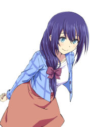 Rule 34 | 1girl, arms behind back, blue eyes, blue jacket, blush, bow, closed mouth, copyright request, hair bow, hair over shoulder, ishii hisao, jacket, leaning forward, looking at viewer, open clothes, open jacket, pink skirt, purple bow, purple hair, shirt, simple background, skirt, smile, solo, standing, virtual youtuber, white background, white shirt