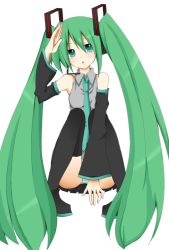 Rule 34 | 1girl, bad id, bad pixiv id, colorized, detached sleeves, green hair, hatsune miku, long hair, necktie, panties, shunkashuutou, solo, striped clothes, striped panties, twintails, underwear, very long hair, vocaloid