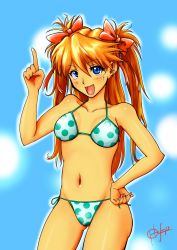 Rule 34 | 1girl, bikini, blue eyes, blue sky, breasts, brown hair, cleavage, hair ribbon, hand on own hip, highres, horishin1986, legs, lips, long hair, medium breasts, navel, neon genesis evangelion, open mouth, polka dot, polka dot bikini, ribbon, side-tie bikini bottom, sky, smile, solo, souryuu asuka langley, standing, swimsuit, thighs, twintails, two side up
