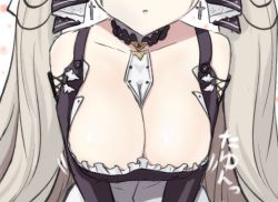 Rule 34 | 1girl, azur lane, bad id, bad pixiv id, bare shoulders, between breasts, breasts, cleavage, close-up, engiyoshi, formidable (azur lane), grey hair, hair ribbon, large breasts, long hair, out of frame, parted lips, ribbon, solo, very long hair