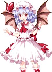 Rule 34 | 1girl, :d, ascot, bat wings, blue hair, blush, bow, bow legwear, commentary request, dress, feet out of frame, frilled shirt collar, frills, hair between eyes, hands up, hat, hat ribbon, highres, looking at viewer, mob cap, open mouth, puffy short sleeves, puffy sleeves, red ascot, red bow, red eyes, red ribbon, red sash, remilia scarlet, ribbon, ruu (tksymkw), sash, short hair, short sleeves, simple background, smile, socks, solo, standing, touhou, white background, white dress, white hat, white socks, wings, wrist cuffs
