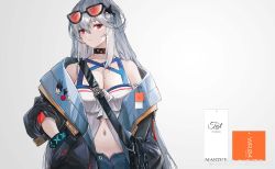 Rule 34 | 1girl, absurdres, arknights, bag, bare shoulders, black bag, black choker, black jacket, blue shorts, breasts, buckle, choker, eyewear on head, hair between eyes, hand in pocket, head tilt, highres, infection monitor (arknights), jacket, jia redian ruzi ruzi, long hair, looking at viewer, medium breasts, no headwear, off shoulder, official alternate costume, open clothes, open fly, open jacket, parted bangs, red eyes, shirt, shorts, shoulder bag, silver hair, skadi (arknights), skadi (waverider) (arknights), snap-fit buckle, solo, sunglasses, teeth, upper body, very long hair, white background, white shirt