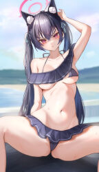 Rule 34 | 1girl, absurdres, animal ear fluff, animal ears, armpits, bare arms, bare legs, bare shoulders, bikini, black bikini, black hair, blue archive, blush, breasts, cat ears, closed mouth, day, feet out of frame, fluffyebi01, frilled bikini, frills, hair between eyes, halo, highres, long hair, looking at viewer, medium breasts, official alternate costume, outdoors, pink halo, red eyes, serika (blue archive), serika (swimsuit) (blue archive), solo, swimsuit, twintails