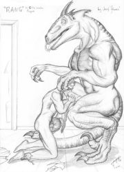Rule 34 | 1boy, barefoot, dragon, fellatio, huge penis, indoors, kneeling, male focus, monochrome, monster, monster on male, muscular, nude, oral, penis, rape, tail, tailjob, torn clothes, uncensored, yaoi