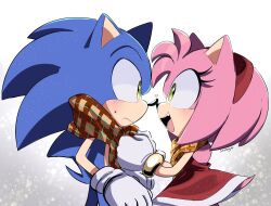 Rule 34 | 1boy, 1girl, amy rose, animal ears, animal nose, dress, eye contact, furry, furry female, furry male, gloves, gold bracelet, green eyes, hairband, hedgehog, hedgehog boy, hedgehog ears, hedgehog girl, hedgehog tail, highres, looking at another, open mouth, red dress, red hairband, scarf, short dress, simple background, sonic (series), sonic the hedgehog, steffybs, tail, white gloves