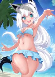 Rule 34 | 1girl, ahoge, animal ear fluff, animal ears, armpits, bakko, bikini, bikini skirt, blue bikini, blush, braid, breasts, cloud, cloudy sky, commentary request, day, extra ears, fox ears, fox girl, fox shadow puppet, fox tail, green eyes, hair between eyes, highres, hololive, leg up, long sleeves, looking at viewer, medium breasts, ocean, open mouth, outdoors, outstretched arms, pentagram, shirakami fubuki, shirakami fubuki (hololive summer 2019), sidelocks, single braid, sky, smile, solo, swimsuit, tail, virtual youtuber, white hair